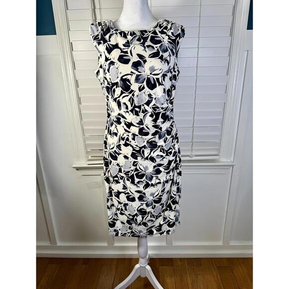 Lauren Ralph Lauren Dresses & Skirts - Lauren Ralph Lauren Black White Blue Floral Ruched Sheath Dress Size 12